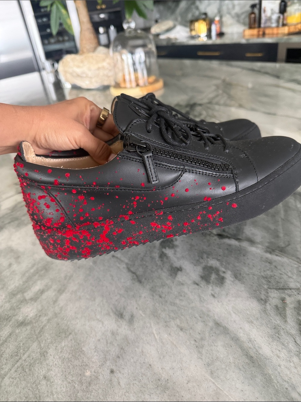 Giuseppe Zanotti Black Leather Sneakers with Red Speckle Detailing